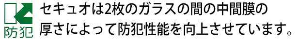 防犯ガラス　セキュオは、２枚のガラスの間の中間膜の厚さによって防犯性能を向上させています。
